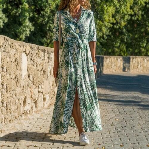 Women Floral Print Long Dress Summer Holiday Party Midi Dress Boho Leaves Beach Wear