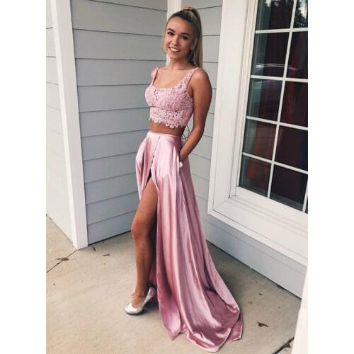 2021 New Pink Split Long Evening Dress Solid Color Elegant Spaghetti Strap Sexy Banquet Birthday Party Formal Prom Dress A171