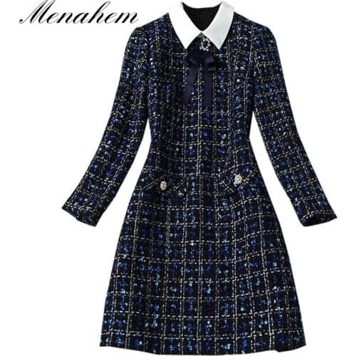 Fashion Designer Navy Blue Plaid Bow Tie Tweed Dress 2021 Autumn Women Long Sleeve Diamonds Button Vintage Woolen Short Dress
