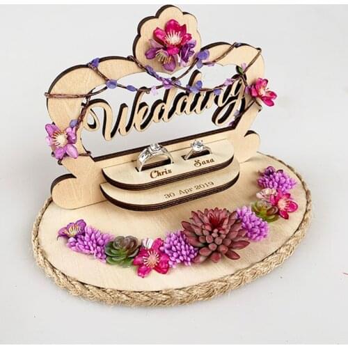 1pcs Engagement birthday Party decoration custom double wedding rings box rustic wood flower design ring pillow