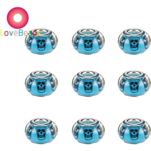 10 Pcs Blue Red White Green Color Skull Big Hole Round Loose Beads Fit Pandora Bracelet Chain Spacer Beads for Women Men Crafts
