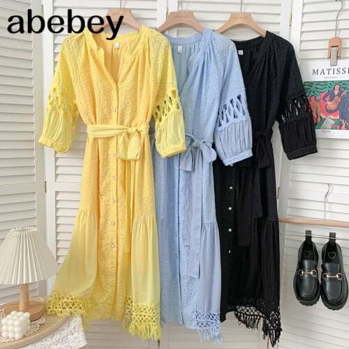 2021 New Summer Temperament V-Neck long sleeve Dress hollow out embroidery hook flower waist bandage Dress