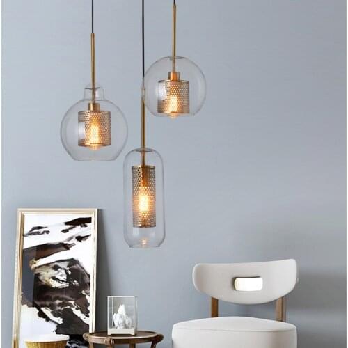 American Hollow Metal Lustre E27 Led Pendant Lights Clear Glass Cable Hanging Lamp Dining Room Droplight Indoor Lighting Fixture