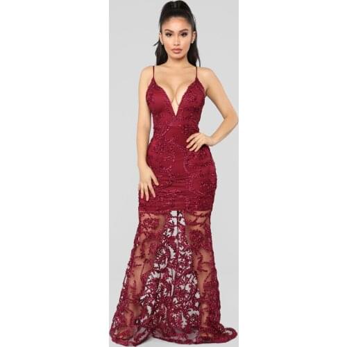 Graceful Plunge V Neck Embroidery Mesh Bandage Fishtail Dress Sleeveless Cut Out Spaghetti Strap Elegant Mermaid Maxi dress