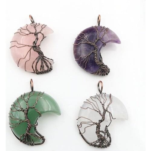 FYSL Copper Wire Wrap Crescent Moon Rose Pink Quartz Pendant Green Aventurine Classic Style Jewelry
