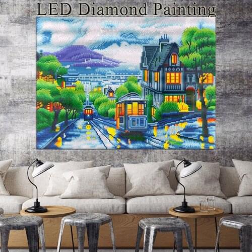 HUACAN Diamond Painting LED Light Scenic Diamond Mosaic Landscape Diamond Embroidery Round Drill Set With Frame 40x50cm