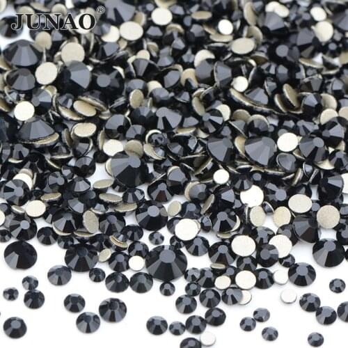 JUNAO SS6 8 10 12 16 20 Mix Size Black Crystal Rhinestones Flatback Glass Crystal Strass for DIY Manicure Nail Art Decoration