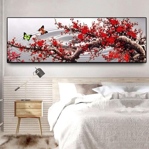 Red Flower Tree Plum Blossom Butterfly Painting Diamond Art Full Drill Square Round 5D Diamond Painting Mosaic Wall Decor,N1547