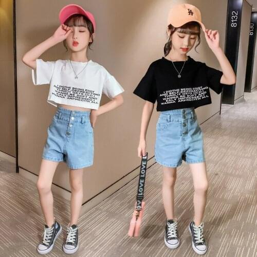 Girls Clothes Set Tshirt + Denim Short Costume For Girls Patchwork Clothes For Teenage Girls Summer Childrens Tracksuits