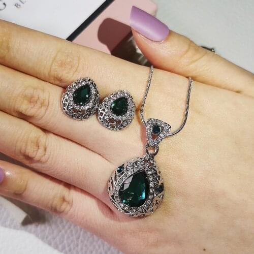 2020 new luxury green color pear dubai wedding jewelry sets for women lady anniversary gift J5896