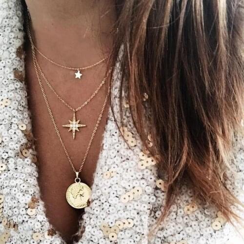 Coin Pendants Necklaces for Female Bling Star Drop Necklace Punk Personality Multi-layers Gold Color Chain Collars
