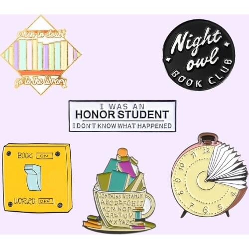 My Student Life Soft Enamel Pins Books Library Round Power Switch Alarm clock Brooches Gifts For Friends Bookworm Student Badges