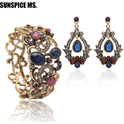 New&Hot Indian Vintage Bangle Earrings Antique Resin Women Bracelet Cuff Long Dangle Earring Turkish Bridal Flower Jewelry Sets