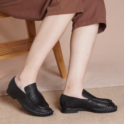 Birkuir Original Genuine Leather Women Shoes Retro Loafers Soft Soles Work Shoes Handmade Slip On Concise Leisure Ladies Shoes