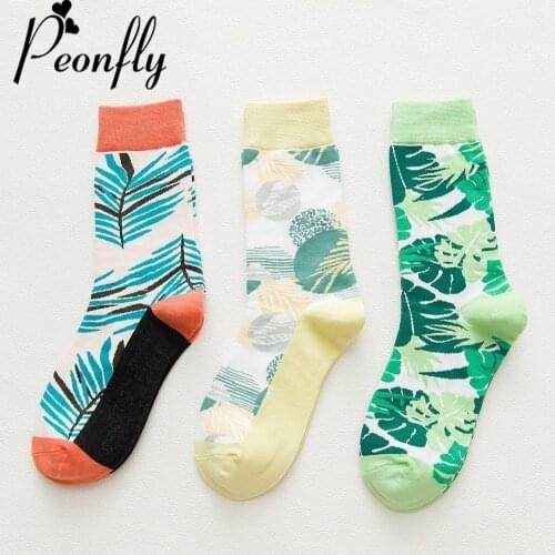 PEONFLY 3 Colors Women Short Socks Fashion New Feather Leaves Pattern Personality Socks Funny Hip Hop casual Cotton Socks Female