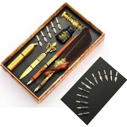Vintage Quill Feather Dip Pen Fountain Writing Ink 5 Nibs Seal Wax Gift Box Calligraphy Stationery School Supplies for Writing
