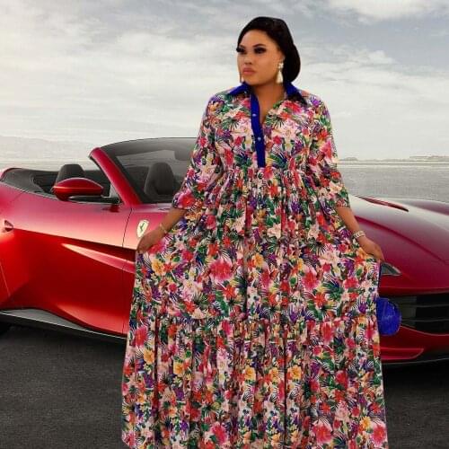 Abaya Dubai African Design Loose Robe Gowns Buttons Muslim Dress Lady Party Flower Printing European Clothes American Clothing