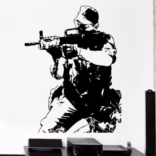 Soldier Silhouette Vinyl Wall Decal M16 Forces War Theme Wall Sticker Home Decor Soldier With Gun Wall Art Vinyl Murals AZ694
