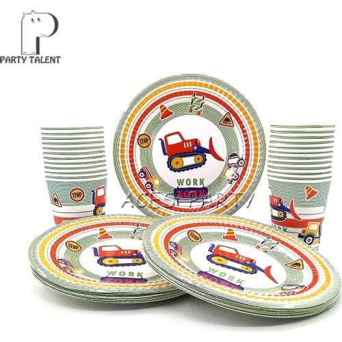 Party supplies 48pcs Construction Vehicle party kids birthday party tableware set, 24pcs plates dishes and 24pcs cups glasses