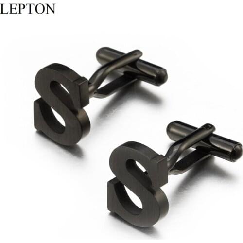 Lepton Stainless steel Letters S Cufflinks for Mens Black & Silver Color Letter S of alphabet Cuff links Men Shirt Cuffs Button
