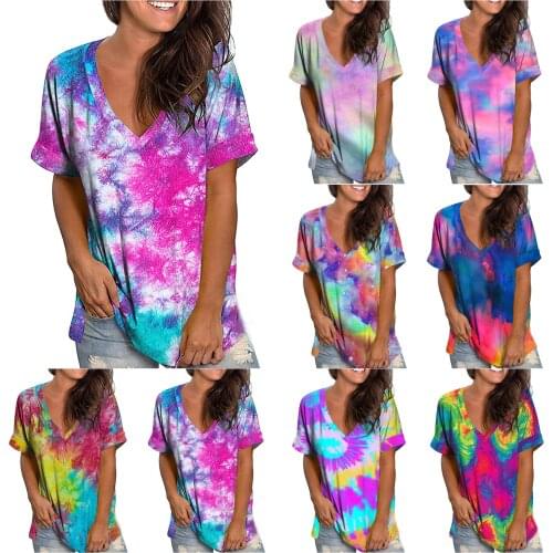 Summer Tshirt Women Tie Dye Printed Short Sleeve Tops Women 2021 Streetwear Hip Hop Style V-Neck Shirts Women Casual Loose Tee