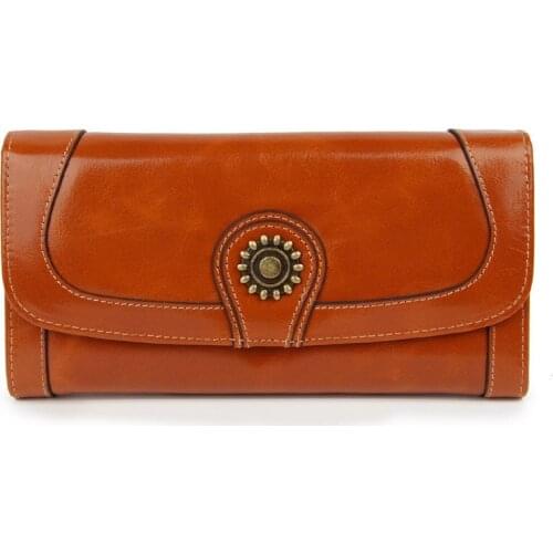 Genuine leather women solid vintage long purse card holder high quality