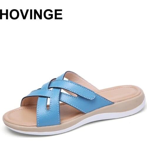 HOVINGE Summer women slippers slip on round toe flat slides sandals women white black leather slippers flip flops slippers