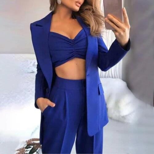Female Summer Single Button Sling Breathable Turn Collar Office Lady Jacket 3Pcs/Set Women Suit Blazer Coat Pant Top Suit Formal