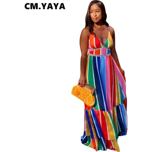 CM.YAYA Women Long Dress Striped Sleeveless Strap Bandage Backless V-neck Fit and Flare Maxi Dresses Sexy Fashion Outfits Summer