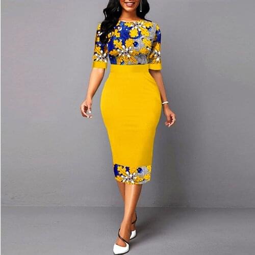 Floral Print Patchwork Yellow Dress Elegant Office Lady Dress For Women 2021 O Neck Slim Business Formal Pencil Bodycon Dress