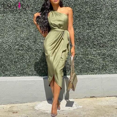 Women Dress Elegant Sleeveless One Shoulder Strappy Solid Color Evening Party Fashion Ladies Midi Dress Summer Vestidos