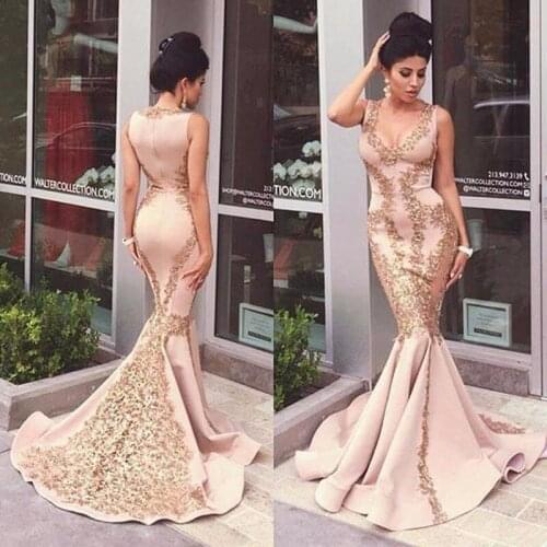 Arabic Skin Pink Mermaid Evening Gown V-neck Gold Lace Appliques Sleeveless Vestidos De Fiesta Floor Length Wedding Party Dress