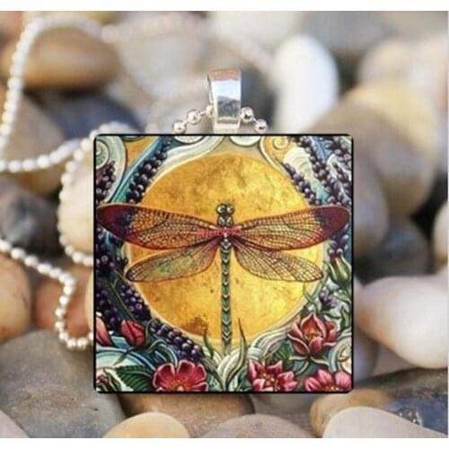 2021 Wholesale Dragonfly Time Gem Stone Necklace Square Pendant Retro Sweater Chain European and American Jewelry