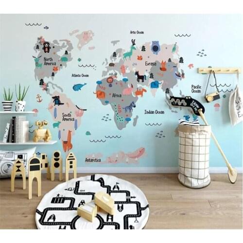 Beibehang Custom wallpaper 3d photo mural hand-drawn cartoon world animal map childrens room backdrop wallpaper papel de parede