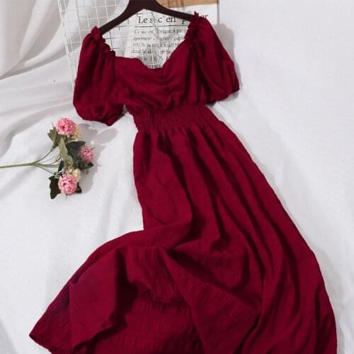 Elegant Summer Women V-Neck Puff Sleeve Pleated Ruffles Chiffon Dress New Lady Elastic Slim Waist Pullover Party Midi Chic Dress