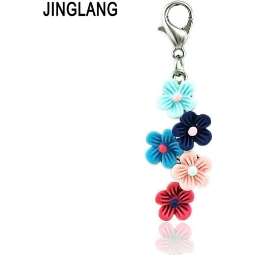 JINGLANG Brand New Charms With Lobster Clasp Dangle Five Resin Flower Pendants DIY Charms For Jewelry Making Accessories
