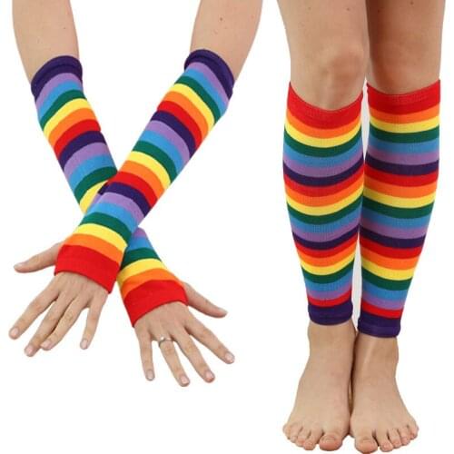 Colorful rainbow tights stripe high thigh socks arm warm gloves Halloween costume party Cosplay holiday