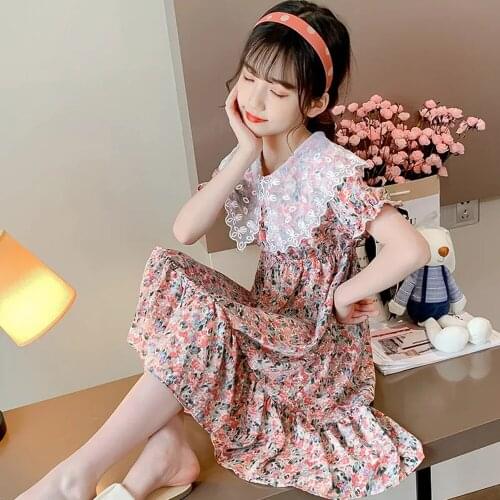 Summer Floral Girls Dress Short Puff Sleeve Ruffles Dresses Princess Girls Pleated Lace Dresses for Children Kids Clothes 2021