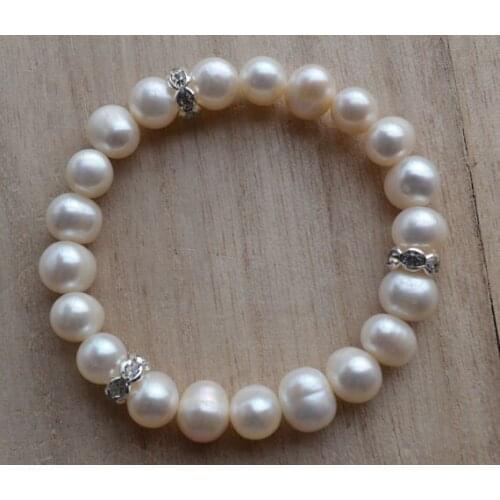 New Arrival Favorite Real Pearl Elastic Bracelet White Rhinestone Genuine Freshwater Pearls Jewelry Charming Lady Gift