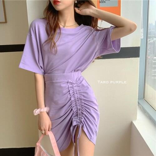 Drawstring Ruch High Waist A-line Dress Summer 2020 Women Short Sleeve Dresses Ladies Mini Dress Party Purple Sexy Bodycon Dress