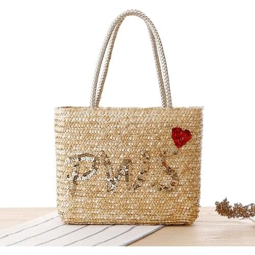 Casual Straw Woven Bag Ladies Hand-embroidered Sequin Letters Shoulder Bags Summer Beach Handbag Hand-woven Tote Bag Women Bags