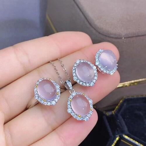 The Best engagement Gift Natural And Real Rose Quartz Jewelry set 925 sterling silver 1pc Ring,1pc Pendant,2pcs Earring