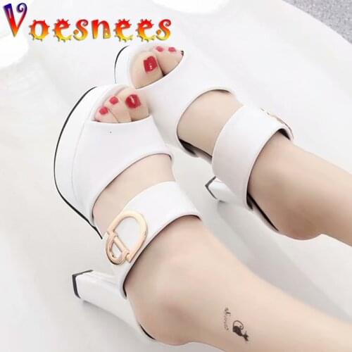 Open Toe New Slippers 2021 Fashion Shallow Metal Decoration Sandals Thick Heels Women Shoes Summer Sexy Party High Heel Slides