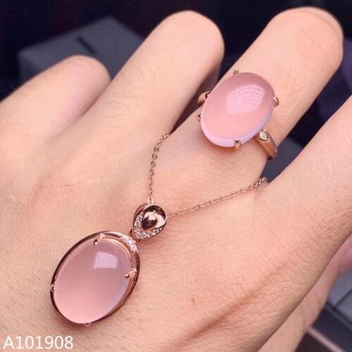 KJJEAXCMY boutique jewelry 925 sterling silver inlaid Natural powder crystal Furong stone pendant ring set support detection
