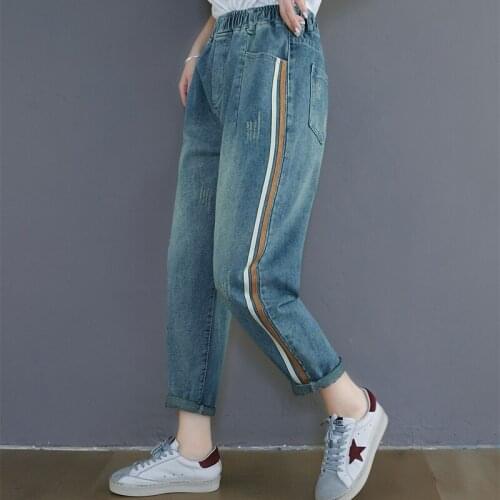 2021 New Pants Womens Jeans Spring Thin Literary Side Stripes Stitching Retro Large Size Loose Thin Elastic Waist Harem
