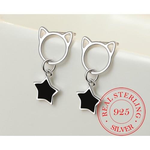 925 Sterling Silver Cute Cat Tassel Star Charm Stud Earrings For Women Girls Elegant Party Jewelry Prevent Allergy