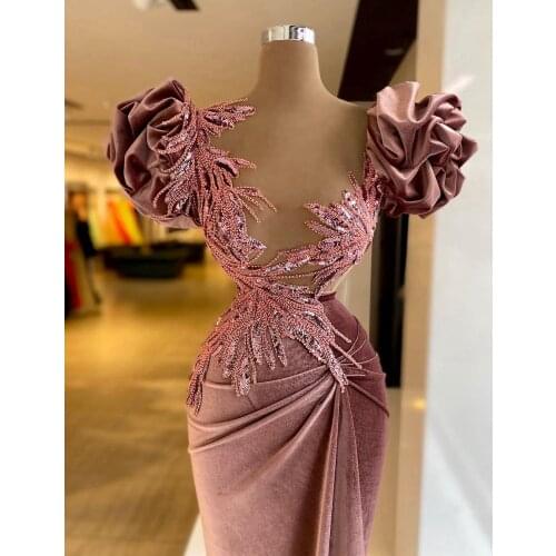Elegant Velvet Evening Dresses Puffy Flower Sleeves Ruffles Mermaid Sequins Long Women Plus Size Pageant Prom Gowns