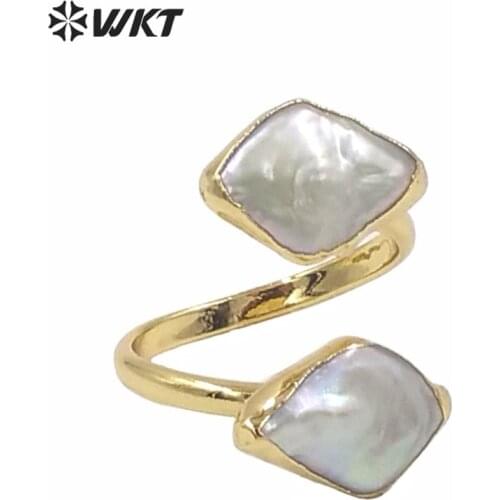 WT-R326 Rhombus Shape Pearl Engagement Ring Double Freshwater Pearl Adjustable Gold Ring Women Bridesmaid Jewelry
