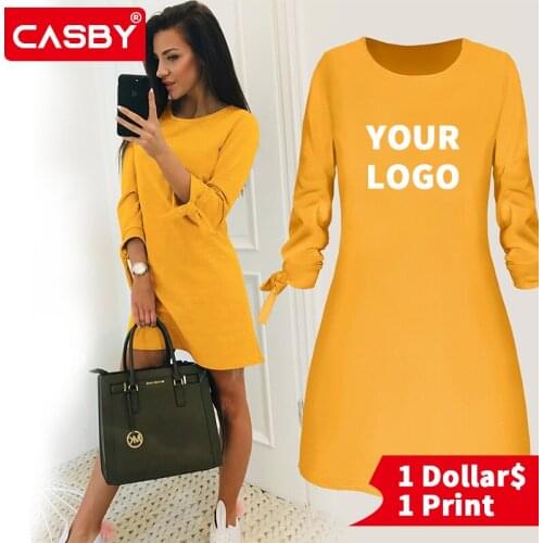 2020 Spring Autumn Solid Color Women Dress Fashion Custom Graphic Crewneck Clothes Simple DIY Print Logo Long Sleeve Dresses 365
