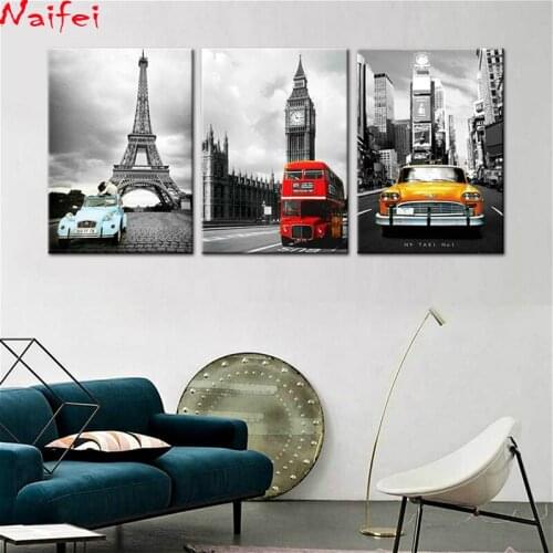 3D diamond painting sale full diamond embroidery painting sale 3 Pieces Paris Tower New York City Car Big Ben Landscape